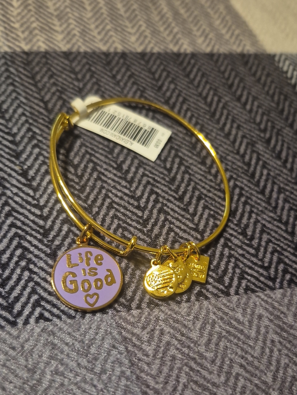Alex and Ani Gold Bangle with Lavender "Life is Good" Enamel Charm